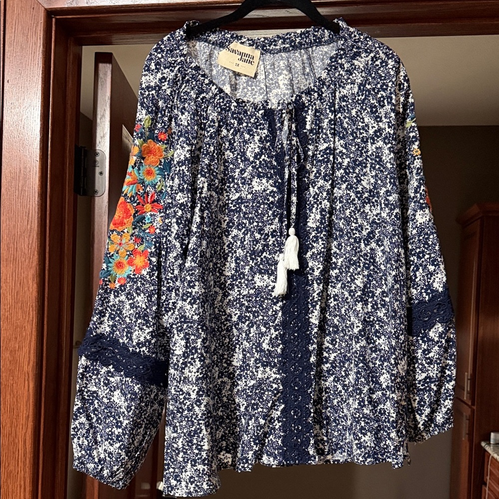 Savanna Jane Navy Floral Tunic with Colorful Sleeve Embroidery